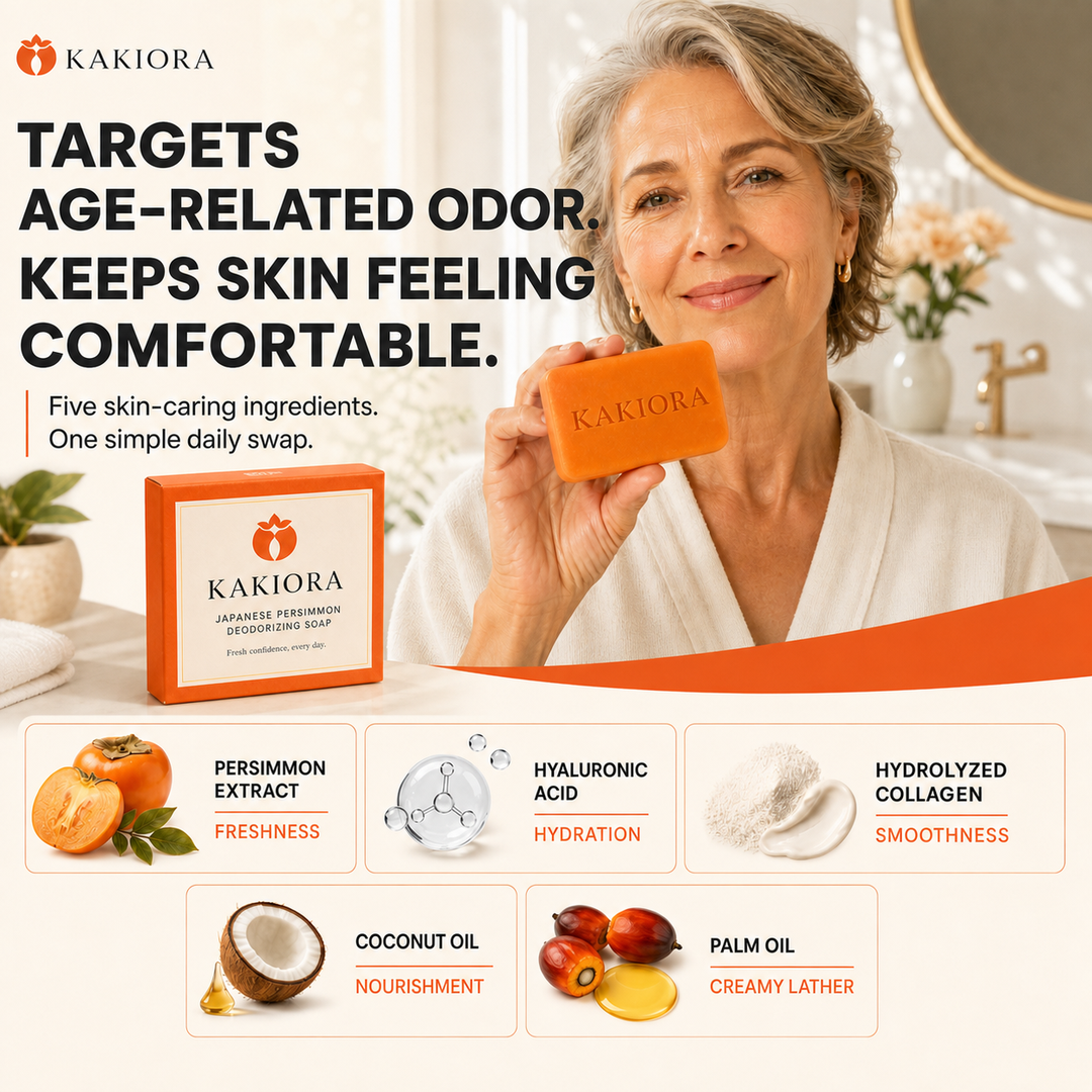 KAKIORA persimmon soap ingredients: kaki extract, hyaluronic acid, collagen, coconut oil