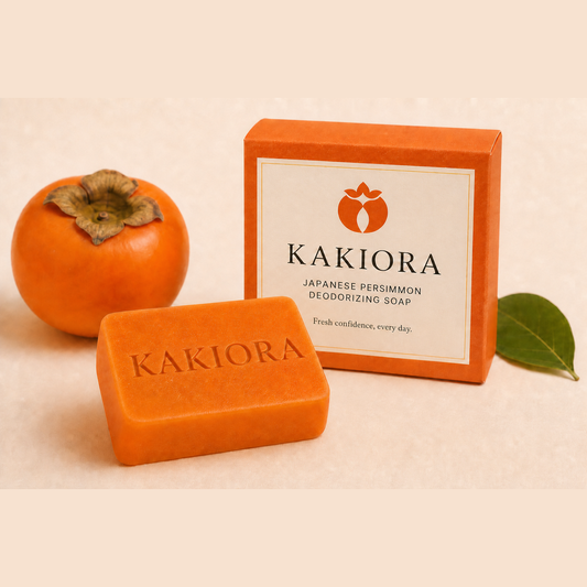 KAKIORA Japanese persimmon deodorising soap bar and box with fresh persimmon fruit