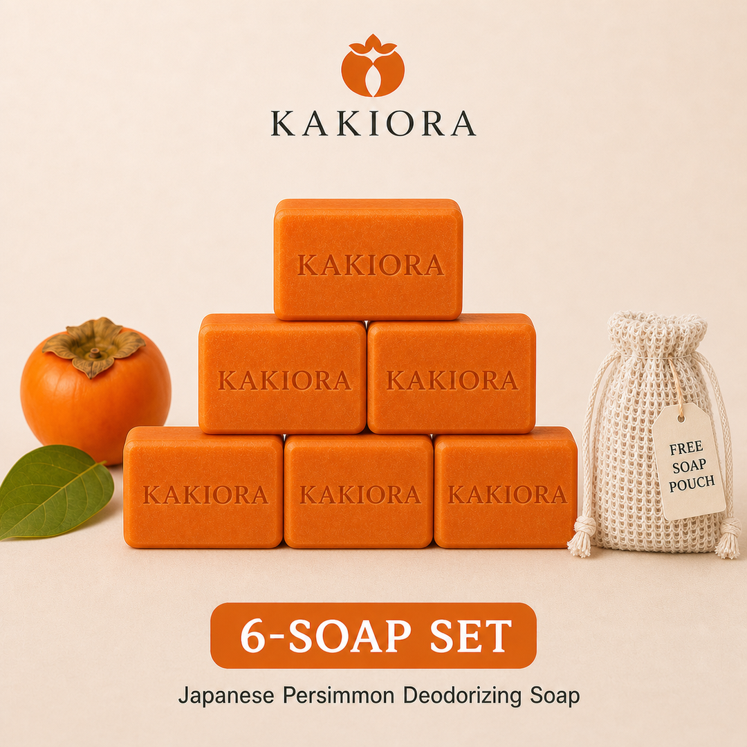 Six-bar pack of KAKIORA Japanese persimmon soap with free storage pouch