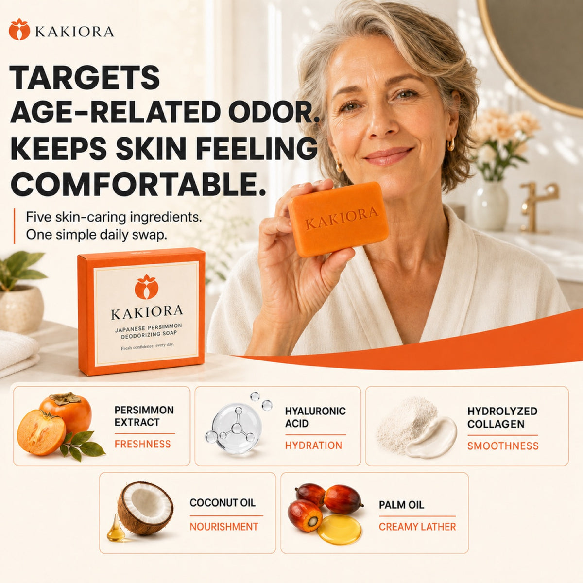 KAKIORA soap key ingredients: persimmon extract, hyaluronic acid, collagen, coconut oil and palm oil