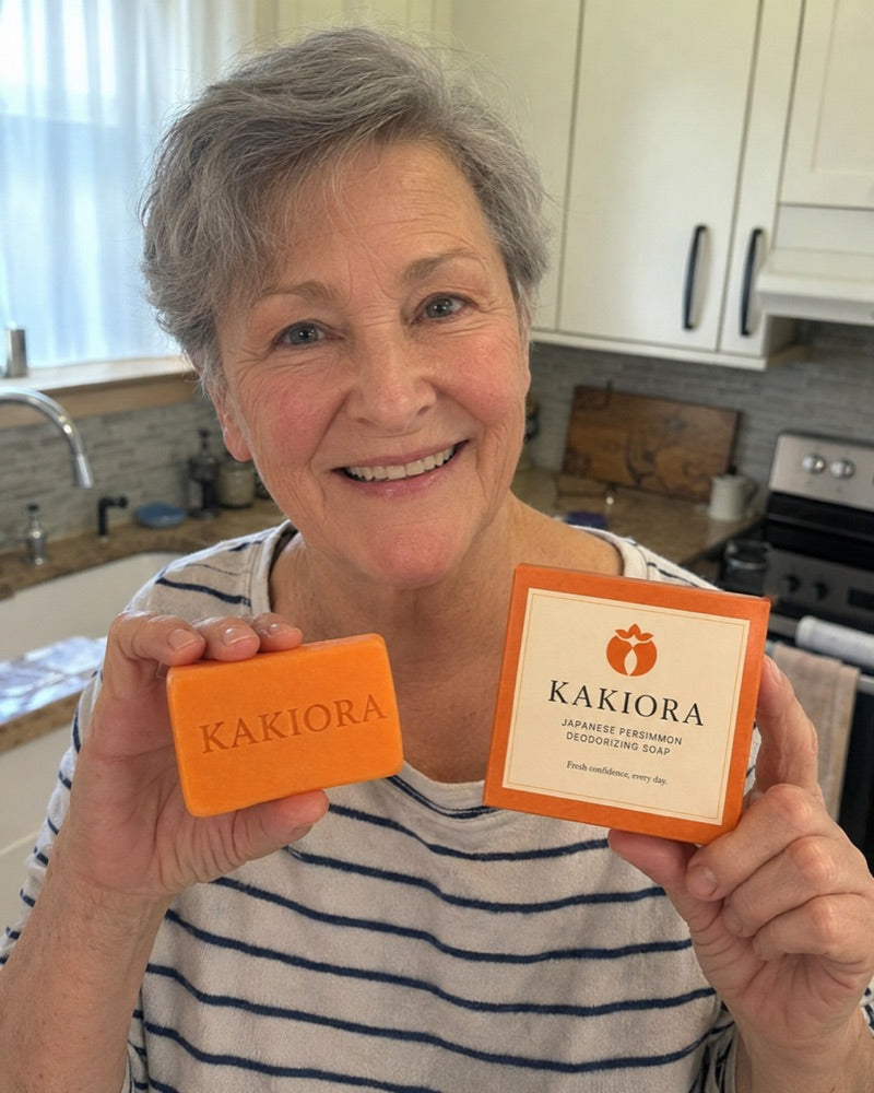 Older woman in her kitchen holding a KAKIORA soap bar and box