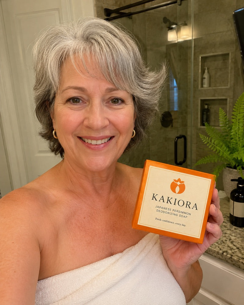Older woman in a towel holding a box of KAKIORA persimmon soap in her bathroom