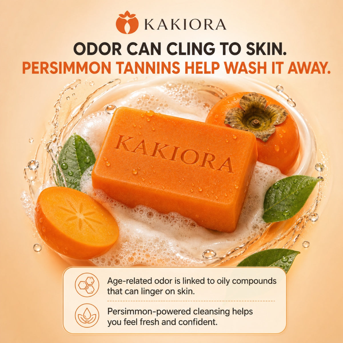 KAKIORA soap bar in a rich lather with persimmon fruit — persimmon tannins help wash odour away